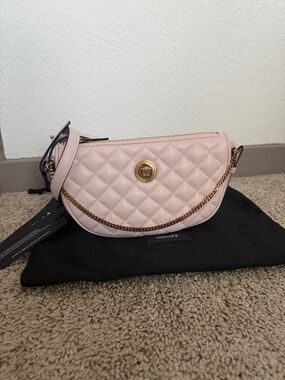 Versace Half Moon Quilted Light Pink Lamb Leather Crossbody with Medusa & Chain